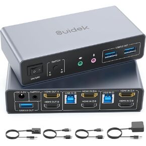 HDMI KVM Switch 2 Monitors 2 Computers, Dual Monitor KVM USB Switcher 4K@60Hz, HDMI Extended/Mirror Display for 2 PC Share 2 Monitors, with 3 USB 3.0 Port, Desktop Controller and 2 USB Cables