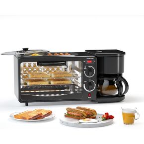 Breakfast Station, Toaster with Frying Pan, Portable Oven Breakfast Maker with Coffee Machine, Non Stick Die Cast Grill/Griddle for Bread Egg Sandwich Bacon Sausages (Black F)