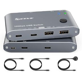 10Gbps USB C Switcher 2 Computers Share 2 USB-C & 2 USB-A Devices 2 Laptops USB-C Switch for Keyboard Mouse Camera USB Headphone Microphone, USB Switch with 2 USB-C Data Cables and Wired Remote