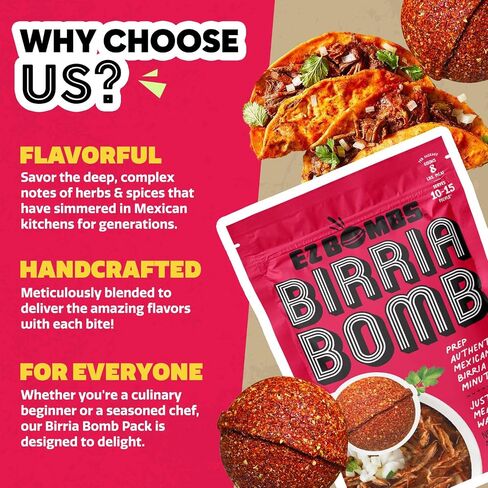 EZ Bombs Birria Bomb Seasoning, Pack of 2 – Authentic Mexican Spice Mix for Tacos, Burritos, Nachos, and Quesadillas – Made with Real Chiles, Herbs, and Spices for Quick and Flavorful Meals in Saudi Arabia