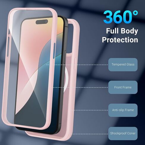 XcaseBar for iPhone 15 Pro Case,Full-Body Rugged Case with Built-in Anti-Scratch Tempered Glass Screen Protector,Compatible with MagSafe, Men Women Shockproof Protective Cover Rose Gold in Kuwait