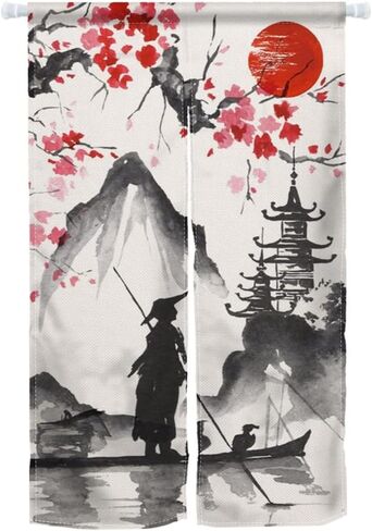 ChloropLastid Black Flowers Japanese Noren Doorway Curtain Long Type Japanese Style Window Treatment Hanging Door Tapestry Panel for Ukiyoe Room Divider Home Decoration 33.5"x 59" in Saudi Arabia