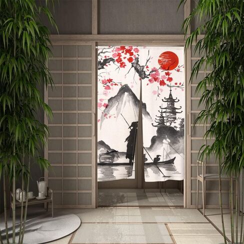 ChloropLastid Black Flowers Japanese Noren Doorway Curtain Long Type Japanese Style Window Treatment Hanging Door Tapestry Panel for Ukiyoe Room Divider Home Decoration 33.5"x 59" in Saudi Arabia