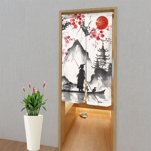 ChloropLastid Black Flowers Japanese Noren Doorway Curtain Long Type Japanese Style Window Treatment Hanging Door Tapestry Panel for Ukiyoe Room Divider Home Decoration 33.5"x 59" in Saudi Arabia