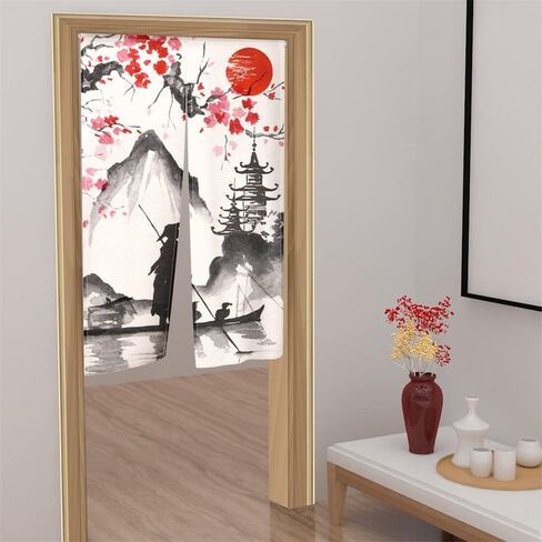 ChloropLastid Black Flowers Japanese Noren Doorway Curtain Long Type Japanese Style Window Treatment Hanging Door Tapestry Panel for Ukiyoe Room Divider Home Decoration 33.5"x 59" in Saudi Arabia