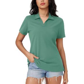 MAGCOMSEN Women's Polo Shirts V-Neck Cotton Short Sleeve Tops Collared Golf Shirt Wicking Lightweight Casual Polos