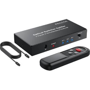 PROZOR Digital Audio Switcher Splitter - 3 in 2 Out 3 Port Spdif Toslink Optical Switch with IR Remote Control, Aluminum Alloy Material 2 Way Digital Audio Splitter Support LPCM 2.0 DTS Dolby-AC3