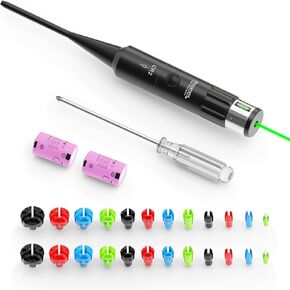 Green BoreSighter for .17 to 12GA Caliber Rifle and Handgun Universal Hunting Green Dot Boresight Kit with Press Switch Bore Sight with 2 Pieces CR2 Batteries (2 Packs Adapter, Green)