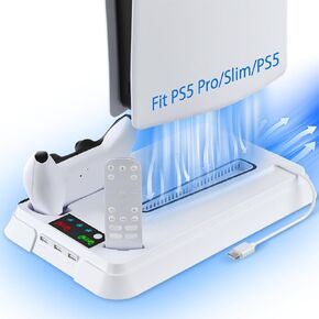 PS5 Cooling Station, PS5 Pro Stand for PS5 Pro/Slim/PS5, Upgraded for PS5 Pro Vertical Stand, 3-Level Cooler & 3HUBS with Dual Charging Dock for PS5 Controller, Headset Holder for PlayStation 5