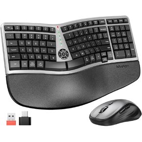 MEETION Ergonomic Wireless Keyboard and Mouse Combo, 2.4G Curved Compact Keyboard with Cushioned Palm Rest, 4 Level DPI Adjustable Wireless Mouse, for Windows/Mac/Desktop/Laptop/PC, Gray Black