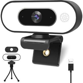 Webcam with Ring Light - Plug and Play, Privacy Cover and Tripod Included, 1080P Full HD Pro Streaming Web Camera with Microphone, USB Computer Camera for PC Mac Laptop Desktop