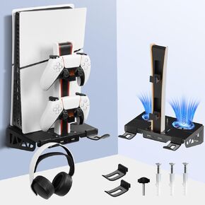 WishJazz Wall Mount Kit for PS5/PS5 Slim with Charging Station and Cooling Fans, PS5 Shelf Wall Mount Accessories, Steel Wall Stand with Dual Controller Charger, Headset Hanger for All PS5 Versions