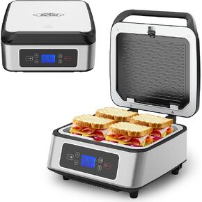 Fansafurn Electric Panini Press Sandwich Maker, 1300W Smokeless Indoor Grill with Removable Non-Stick Plates, Auto-Lift, Fan, Independent Upper Heating, Smart Time & Temperature Control, Silver