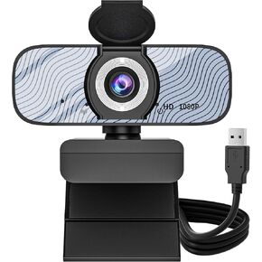 USB HD Webcam with Built-in Microphone and Rotatable Tripod, 1080P Video, Wide Angle Camera, Privacy Cover, for Desktop PC or Laptop Computer（White）