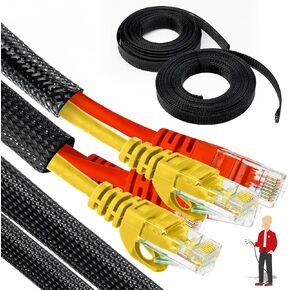 XFasten Cord Protector 2-Pack 50 ft Total - PET Expandable Braided Cable Sleeve - Pet Chew Proof Wire Loom for Audio, Video, PC, TV, Automotive Wire Management, Black Cable Wrap, 1/4 Inch,1/2 Inch