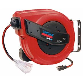 Lincoln 91039 60' Tri-tap Electric Power Cord Reel, 12/3 SJTOW, Grease, Oil and Weather Resistant, Magnetic Brake, Auto-guide Rewind Mechanism, Overload Protection, Power Indicator Lights, Red/Black