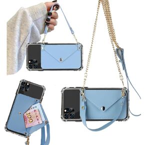 for Sky Elite A63 Max Wallet Case Crossbody Chain Strap, Sky Elite A63 Back Wallet Case with Card Holder Girly, Credit Card Slots Case with PU Learher Wrist Strap Magnetic Buttons -SkyBlue