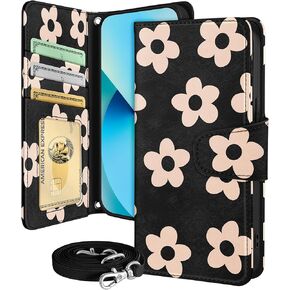 Buleens for iPhone 13 Wallet Case for Women - with Card Holder for iPhone 13 Flip Case Leather Crossbody Cute Aesthetic i Phone 13 Case with Strap Kickstand for Girls Girly, Black Flower
