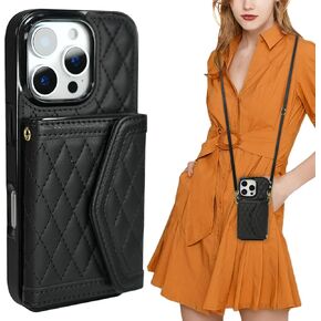 Crossbody Wallet Case for iPhone 16 Pro 6.3 inch, with Card Holder, PU Leather Kickstand Card Slots Skin, RFID Blocking with Shoulder Strap Lanyard Folio Cover For 16 Pro 16pro 6.3" Women, Black