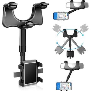 Rear View Mirror Phone Holder, 2024 Rotatable and Retractable, Universal Mount, Cell Car Fit for iPhone 11 12 13 15 Pro Max Samsung All Phone…