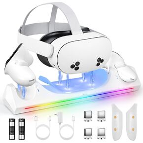 Charging Dock for Meta Quest 3S/Quest 3, VR Charging Station for Oculus Quest 3S Support LED Indicator/Magnetic Charging Headset & Controllers, with 2 Rechargeable Batteries, USB-C Charger & Cable