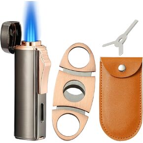 420 Carbon Steel 𝐂𝐮𝐭𝐭𝐞𝐫 and Lighter Gift Set, Built-in 𝐏𝐮𝐧𝐜𝐡, Triple Jet Flame Butane Torch Lighter, Refillable Windproof Gas Lighter, Grey. (Sold Without Gas)