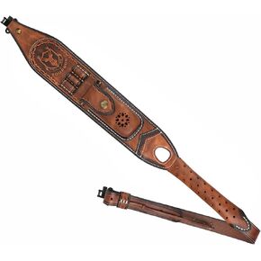 TOURBON Leather Rifle Sling with Accessory Pouch, Quick Release Metal Swivels, 3 Round Ammo Cartridge Holder, Thumb Hole, Heavy-Duty Hand Handle