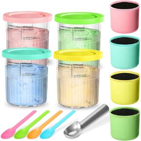 For Creami Pints and Lids-4 Pack, 24oz Cups Compatible with Ice Cream Maker NC500, NC501, CN501CO Series, Ice Cream Cups with Insulated Sleeves