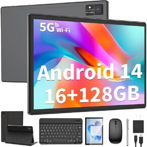 Android Tablet with Keyboard, 10 inch Android 14 Tablet, 16GB RAM 128GB ROM,1TB Expand, 5G WiFi, Bluetooth, 8000mAh Battery, GMS Certified, 2 in 1 Tablet with Keyboard, Mouse, Case, Stylus(Pink)