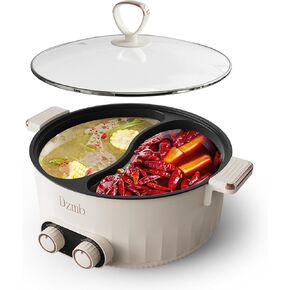 Electric Multifunctional Hot Pot with Divider, Double Flavor Non-Stick Pot, Temperature Control, Large Capacity for 6-8 People, 1500W, White (6L)