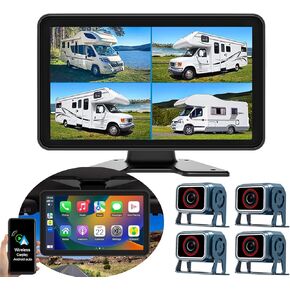 10.1'' Touch Screen 4CH 1080P Car Dash Cam DVR Backup Camera System FM Radio Built-in Speaker Wireless Apple CarPlay Android Auto Link Audio Output Playback for Truck Caravan Trailer Motorhome RV