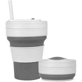 Collapsible Travel Cups- Food Grade Silicone Coffee Cups with Straw Lid 350ml 12oz Lightweight