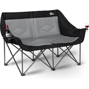 2 Person Camping Chair Camping Loveseat Oversized Double Folding Camping Chair Heavy Duty Camp Couch Love Seat Camping Chair Padded Camping Chair Lawn Chair for Adult - Support 650 lbs - Black