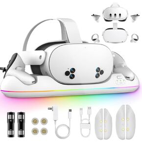 Charging Dock for Meta Quest 3/3S/2, Magnetic VR Station with Fast Charging, USB Output, RGB Lighting, 2 Rechargeable 2100mAh Batteries, Accessories for Oculus Quest Headset and Controllers