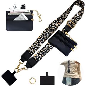 CCSmall Clip and Go Strap for Phone with Wallet Crossbody & Zippered Pouch, Adjustable Phone Neck Strap with Pouch and Chain Lanyard for All Phones Leopard