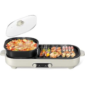 Electric Hot Pot with Grill, 2 In 1 Indoor Non-Stick Barbecue Shabu Hot Pot with Dual Temperature Control, Detachable Hot Pot and Baking Tray, Smokeless Shabu Korean BBQ Grill