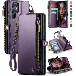 Defencase for Galaxy S25 Ultra Case Wallet with RFID Blocking Card Holder for Women Men, PU Leather Magnetic Snap Flip Wrist Strap Zipper Wallet Phone Cases for Samsung Galaxy S25 Ultra 6.9", Purple