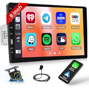 9 Inch Single Din Car Stereo Radio with Carplay Android Auto, HD Touchscreen Radio Receiver with Bluetooth Audio FM/AM EQ SWC Mirror Link USB Port Bakcup Camera MIC