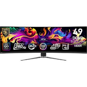 MSI MPG 491CQPX QD-OLED 49-inch QD-OLED 5120 x 1440 (DQHD) Computer Monitor, 240Hz, Adaptive-Synch, HDMI, Display Port, VGA Port, VESA Mountable, Tilt, Height Adjustable, Speaker, 0.03ms, Black