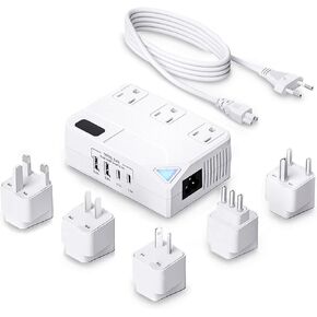 Universal 100V-220V Travel Converter，250W Voltage Converter with 2 USB and 2 USB-C Charging Ports and 3 AC Plugs for curlers, straighteners, Included Plugs are Type A, C, D, G, I, L