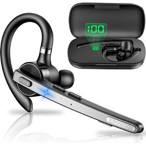 New bee Bluetooth Headset, Wireless Bluetooth Earpiece for Cellphone with 500mah Charging Case 60H Playtime V5.1 Dual Mic Noise Cancelling Hands-Free Earphones for Office Driver