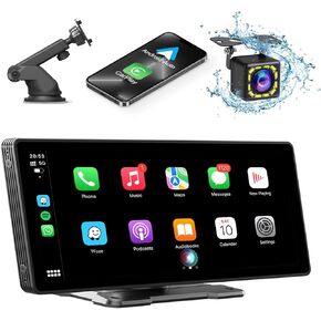 10.26" Wireless CarPlay Screen for Car,Wireless Apple CarPlay & Android Auto,Portable Car Stereo with GPS Navigation,Backup Camera,Bluetooth,Mirror Link,Drive Play,Touch Screen for All Vehicles