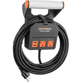 Link2Home 20 Ft. Power Handle Extension Cord W/ 2 Outlets & 2 USB Ports - Wall Bracket & Hardware Included