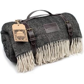 Komorebi Large Outdoor Waterproof Picnic Blanket (78"x59") Acrylic Wool Blend | Leather Carrier | Soft Herringbone Pattern Picnic Mat for up to 4 Adults (Grey)