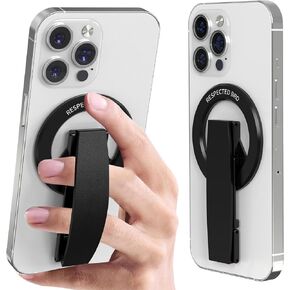 RESPECTED-BRO-Magnetic-Phone-Grip-Stand, Magnetic Phone Ring Holder Kickstand with Silicone Finger Strap, Compatibility for iPhones, Androids, and More (Black)