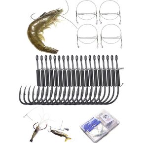 24 Packs Fishing Hooks - Live Shrimp Fishing Hooks & Bait Fishing – Ideal for Catching Various Fish Species, with Steel Wire Rig and 2 Sizes of Rubber Bands for Freshwater & Saltwater Use