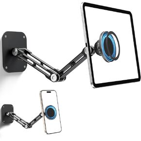 Magnetic iPad Wall Mount, Aluminum Dual-Arm Tablet Wall Mount Holder, 360° Multi-Angle Adjustable, Foldable Wall iPad Mount, for 4.7"-13" iPad Pro/Air/Mini, Phones & Tablets, Strong Magnets