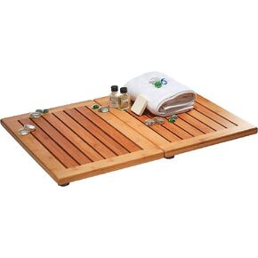 Bamboo Bath Mat - Foldable Wood Shower Mat, Non-Slip Bathroom Mat for Spa, Sauna, Pool, Indoor and Outdoor Use, Easy Storage, 24" x 18"