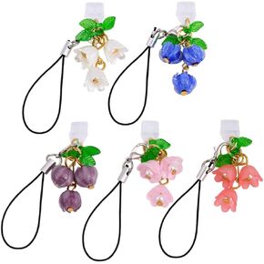OLYCRAFT 5Pcs Type C Anti Dust Plugs 1~1.7 Inch Long Mobile Dustproof Plugs with Lily of The Valley Pendants USB C Port Caps Protector Phone Pendants Accessory for Most Type C Phone