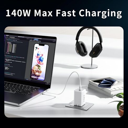 Mac Book Pro Charger - 140W Compact USB C Charger Fast Charger متوافق مع USB C Port Macbook Pro/Air و iPad Pro و Samsung Galaxy Note وجميع جهاز USB C ، قم بتضمين كبل شحن 7 أقدام in Kuwait